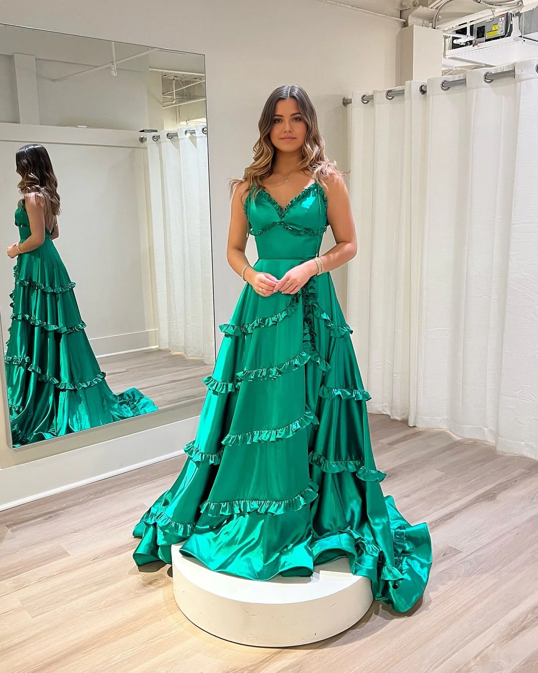 A-Line V Neck Satin Ruffle Green Long Prom Dress